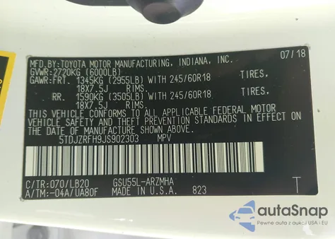 2018 Toyota Highlander Xle z USA, uszkodzony, nr VIN 5TDJZRFH9JS902303